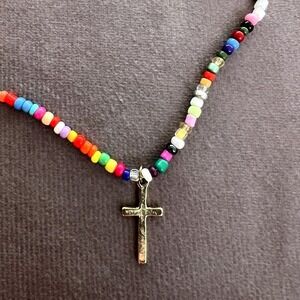 Colorful Seed Bead Necklace Gold Tone Cross Charm Adjustable Extender Boho Y2K‎